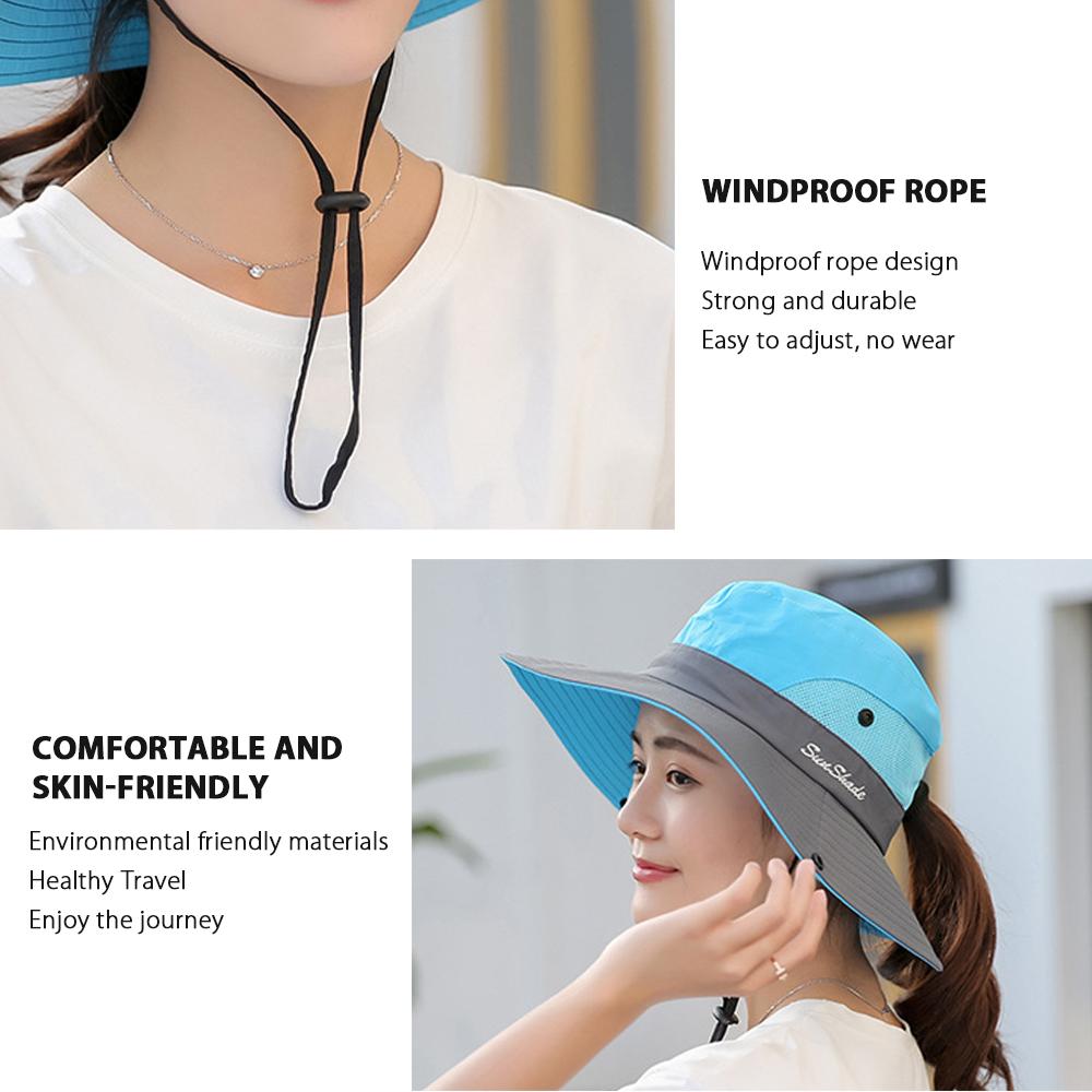 Women's UV Protection Wide Brim Sun Hat in vibrant colors with a ponytail hole, showcasing breathable mesh and adjustable drawstring.