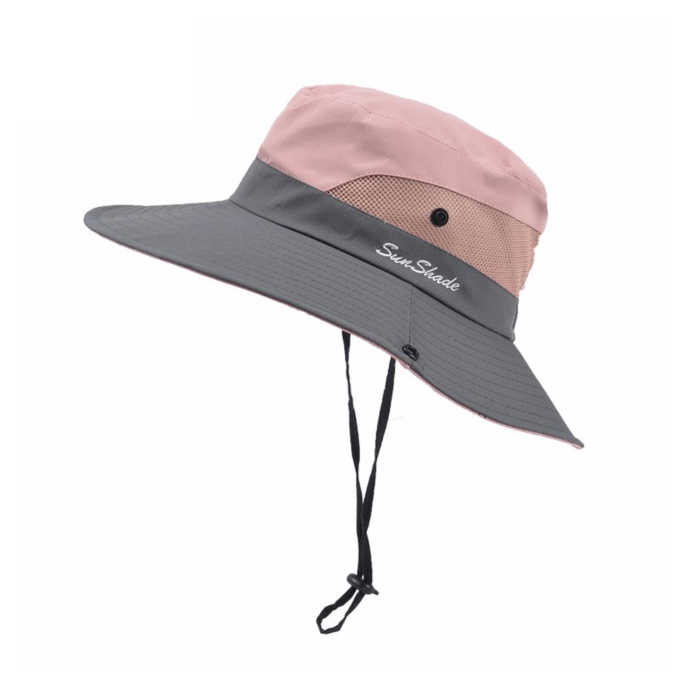 Women's UV Protection Wide Brim Sun Hat in vibrant colors with a ponytail hole, showcasing breathable mesh and adjustable drawstring.