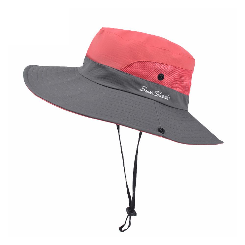 Women's UV Protection Wide Brim Sun Hat in vibrant colors with a ponytail hole, showcasing breathable mesh and adjustable drawstring.