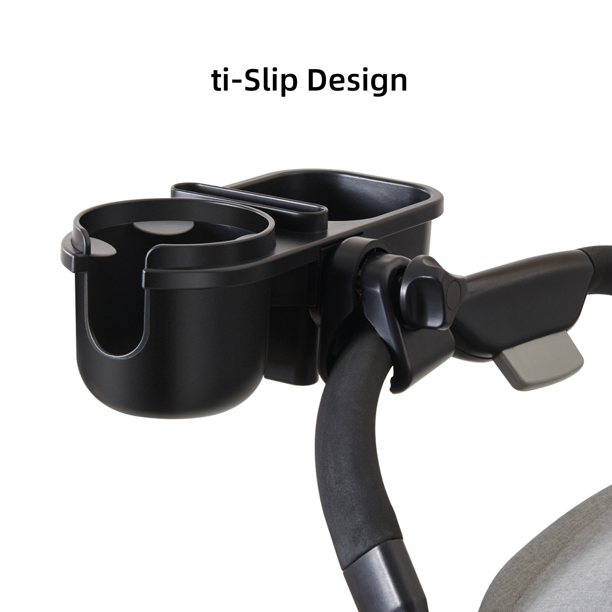 A 3-in-1 Baby Stroller Parent Cup Holder securely holding a drink, phone, and snacks, attached to a stroller, showcasing its adjustable clamp and silicon petals.