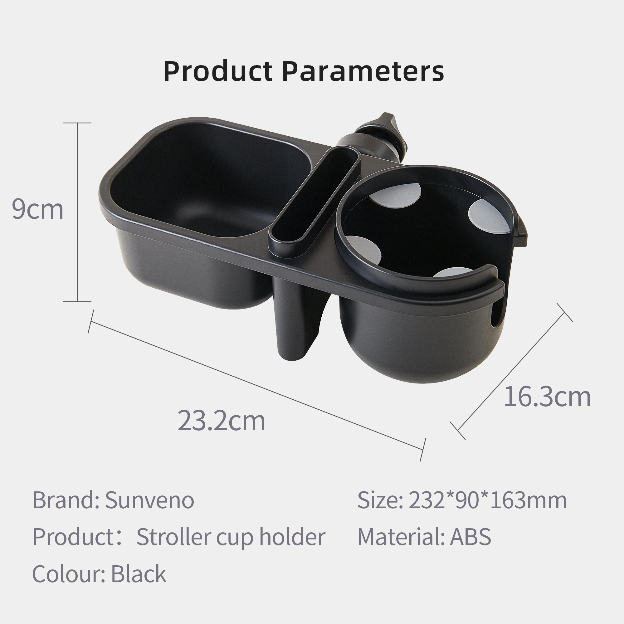 A 3-in-1 Baby Stroller Parent Cup Holder securely holding a drink, phone, and snacks, attached to a stroller, showcasing its adjustable clamp and silicon petals.