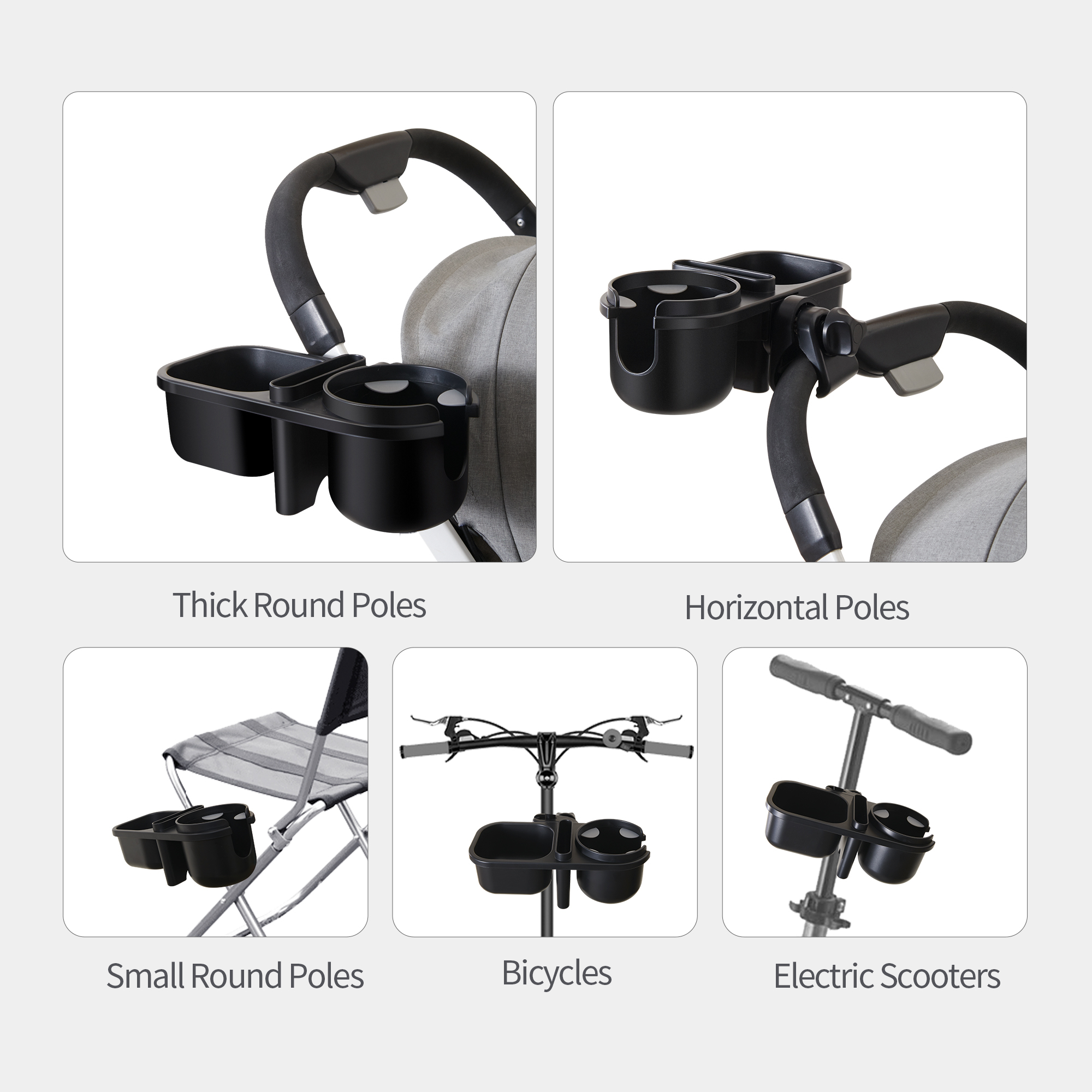 A 3-in-1 Baby Stroller Parent Cup Holder securely holding a drink, phone, and snacks, attached to a stroller, showcasing its adjustable clamp and silicon petals.