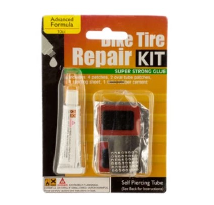 Bicycle Bike Tire Repair Kit featuring patches, rubber cement, and sanding sheet, ideal for quick tire repairs.