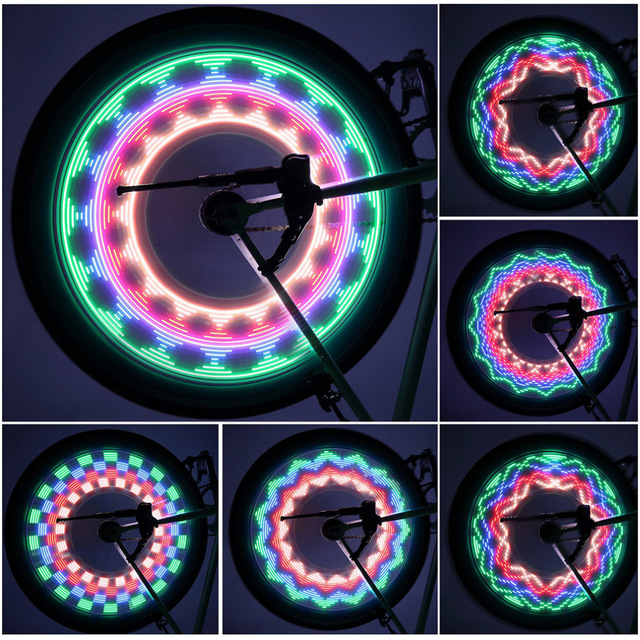 Bicycle Lights Bike Cycling Wheel Spoke Light 32 featuring 32 bright LED lights mounted on bicycle spokes, showcasing a waterproof design for durability.