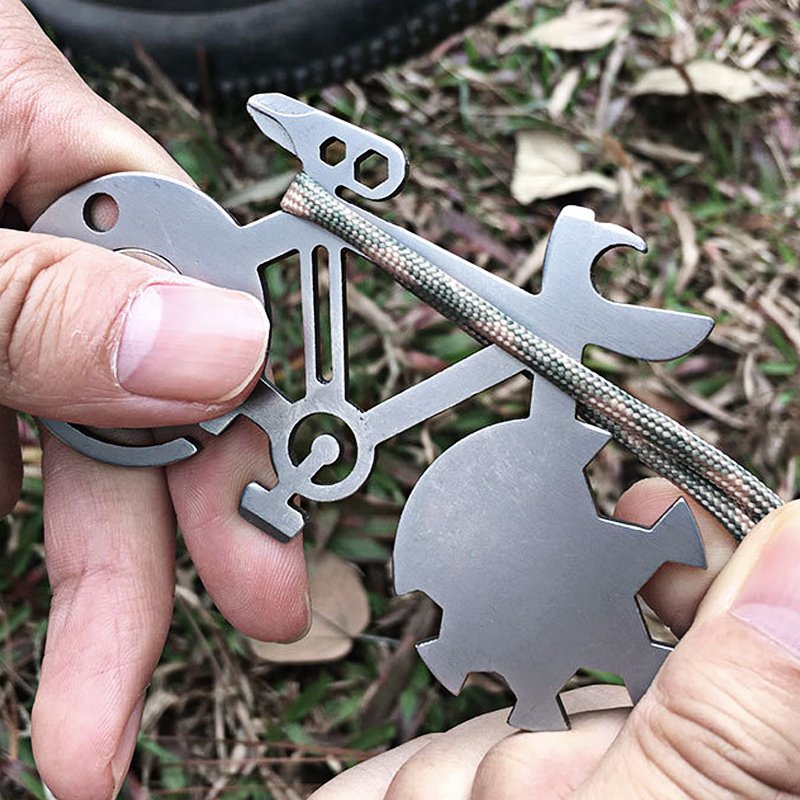 A compact Bicycle Multi Tool featuring various tools for bike repairs, showcasing its portable design and custom engraving option.