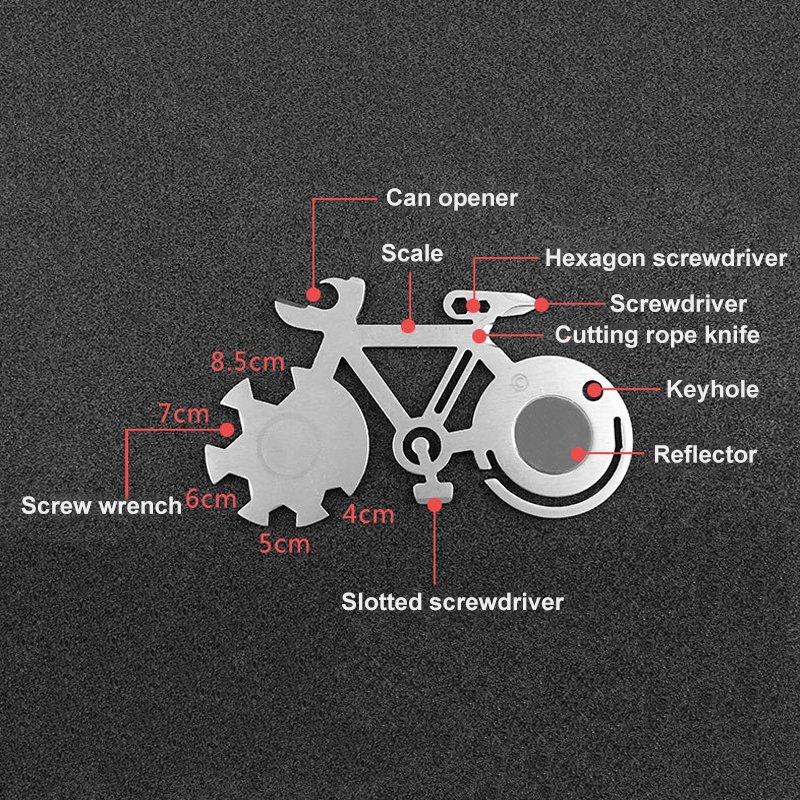 A compact Bicycle Multi Tool featuring various tools for bike repairs, showcasing its portable design and custom engraving option.