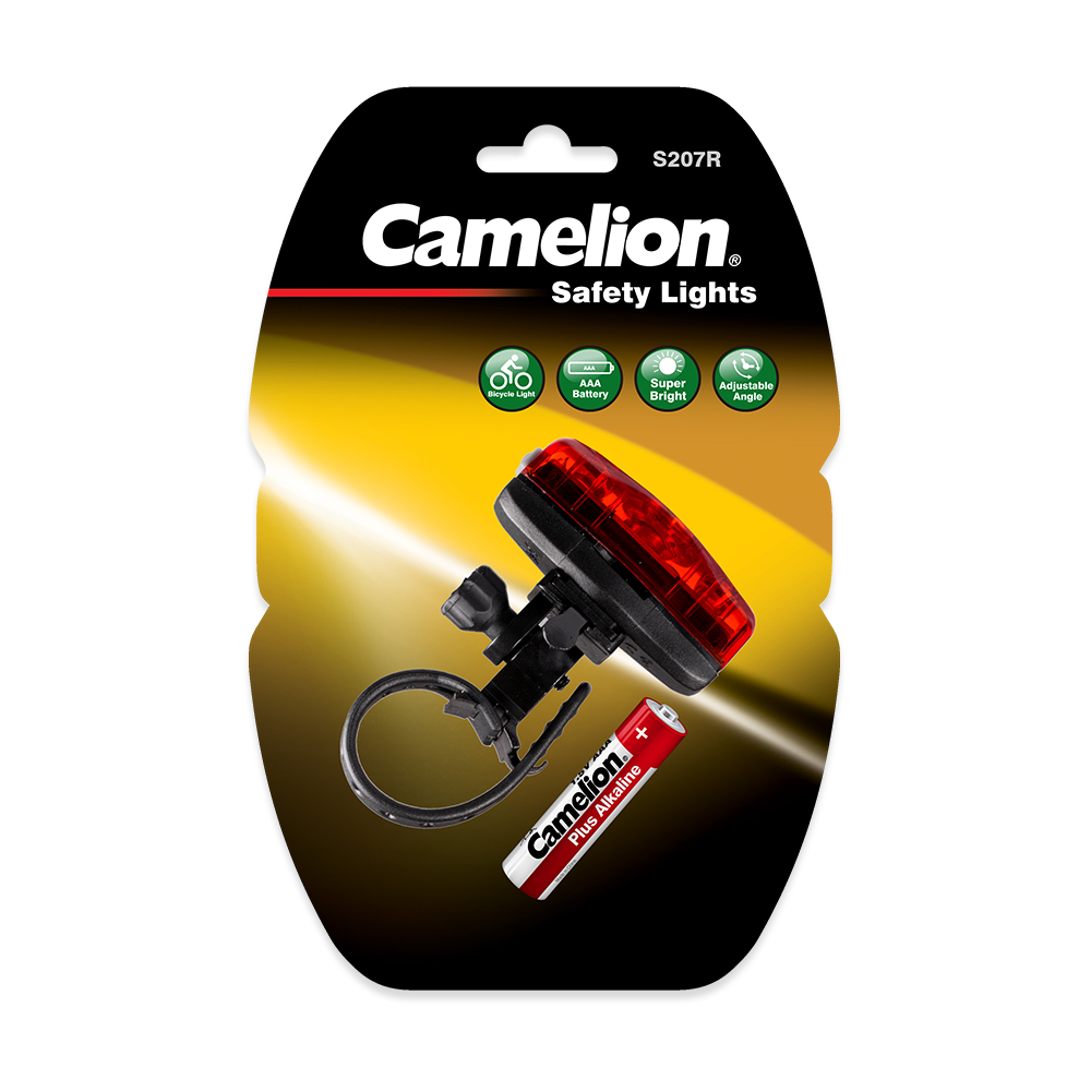 Camelion S207R Battery Operated Rear LED Bicycle Safety Light with adjustable strap and bright red LEDs.