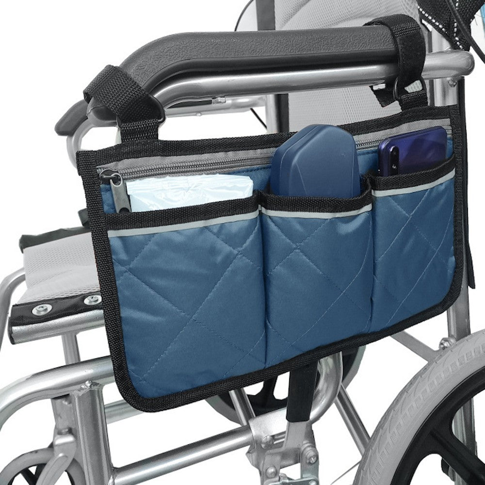 Cycling Walker Bag Rollator Organizer with multiple pockets, made of durable waterproof Oxford fabric, designed for wheelchairs and scooters.