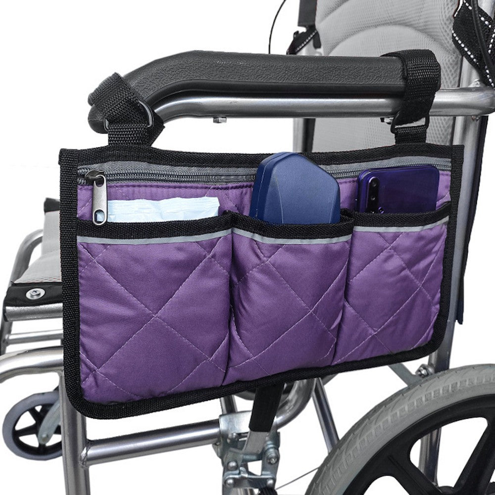 Cycling Walker Bag Rollator Organizer with multiple pockets, made of durable waterproof Oxford fabric, designed for wheelchairs and scooters.