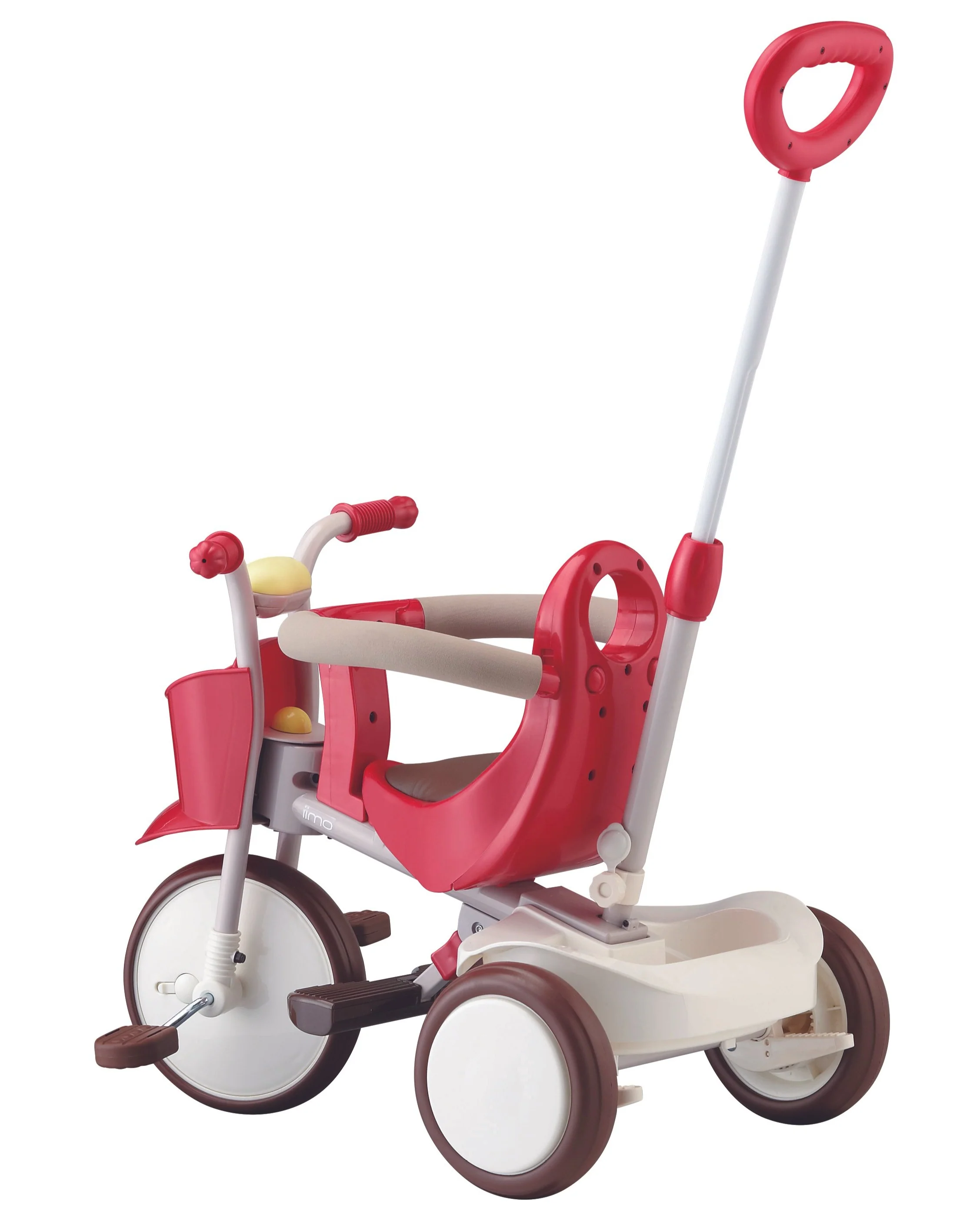 A stylish EVOLUTIVE TRICYCLE designed for kids, featuring a retro look with modern colors, safety bar, adjustable push handle, and comfortable saddle.