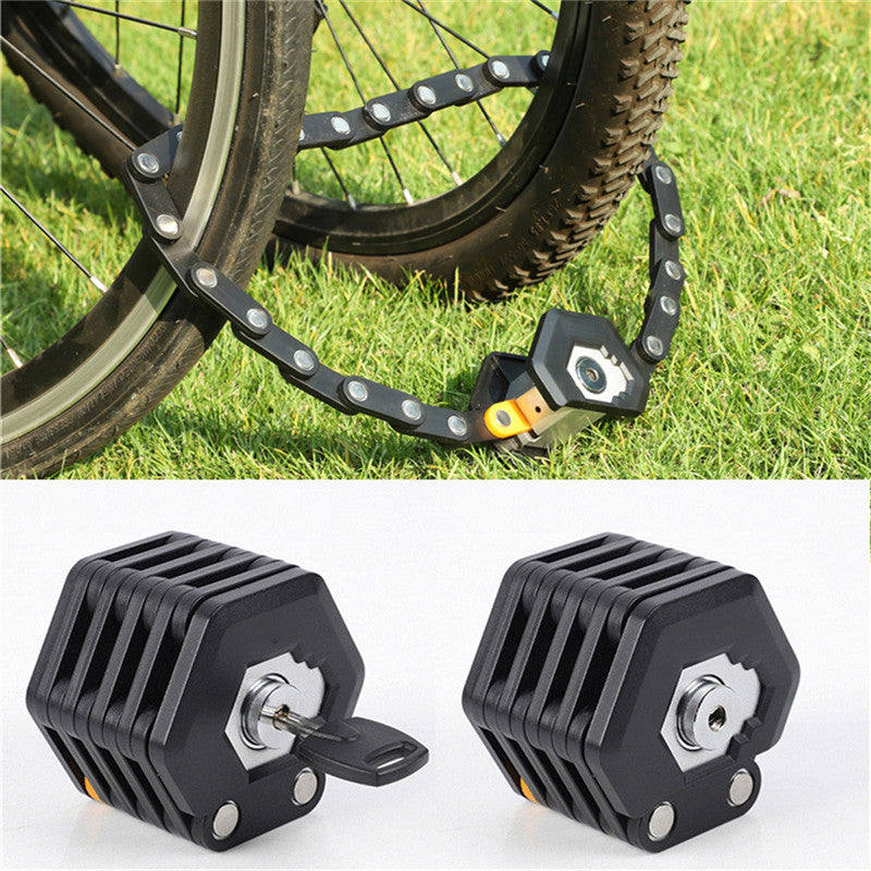 Foldable bike lock with three keys, showcasing its durable steel construction and compact design for easy portability.