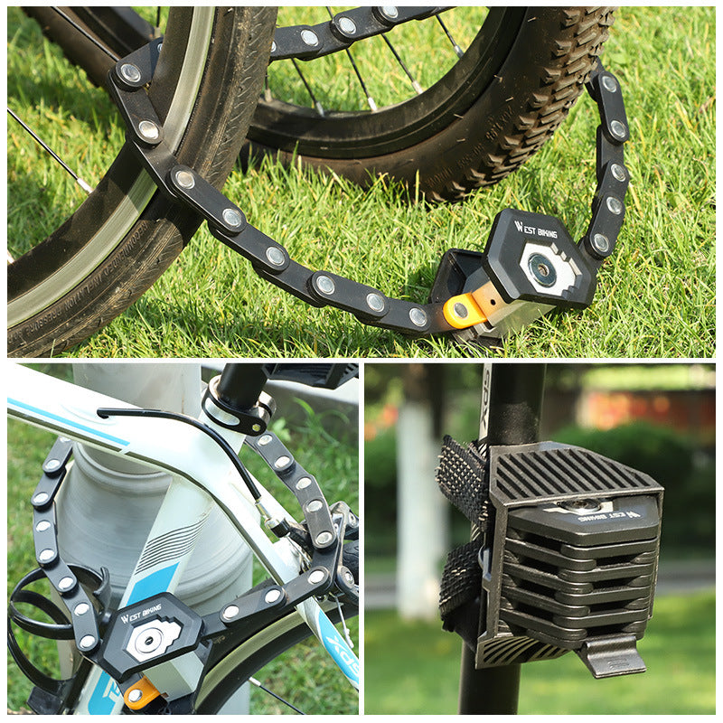 Foldable bike lock with three keys, showcasing its durable steel construction and compact design for easy portability.