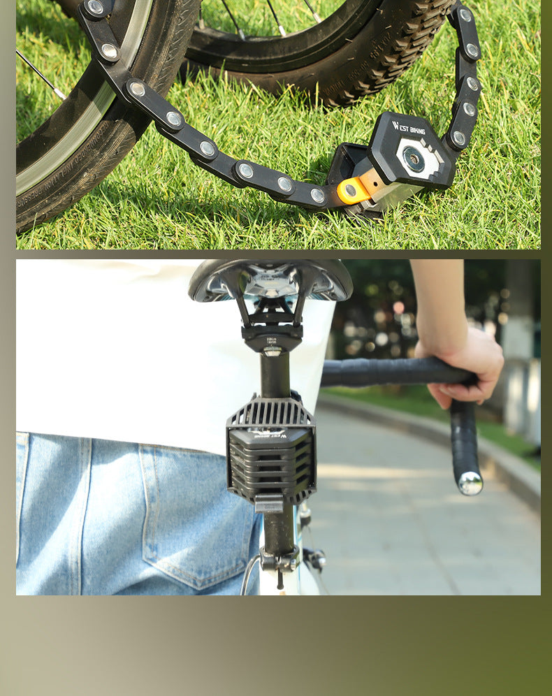 Foldable bike lock with three keys, showcasing its durable steel construction and compact design for easy portability.