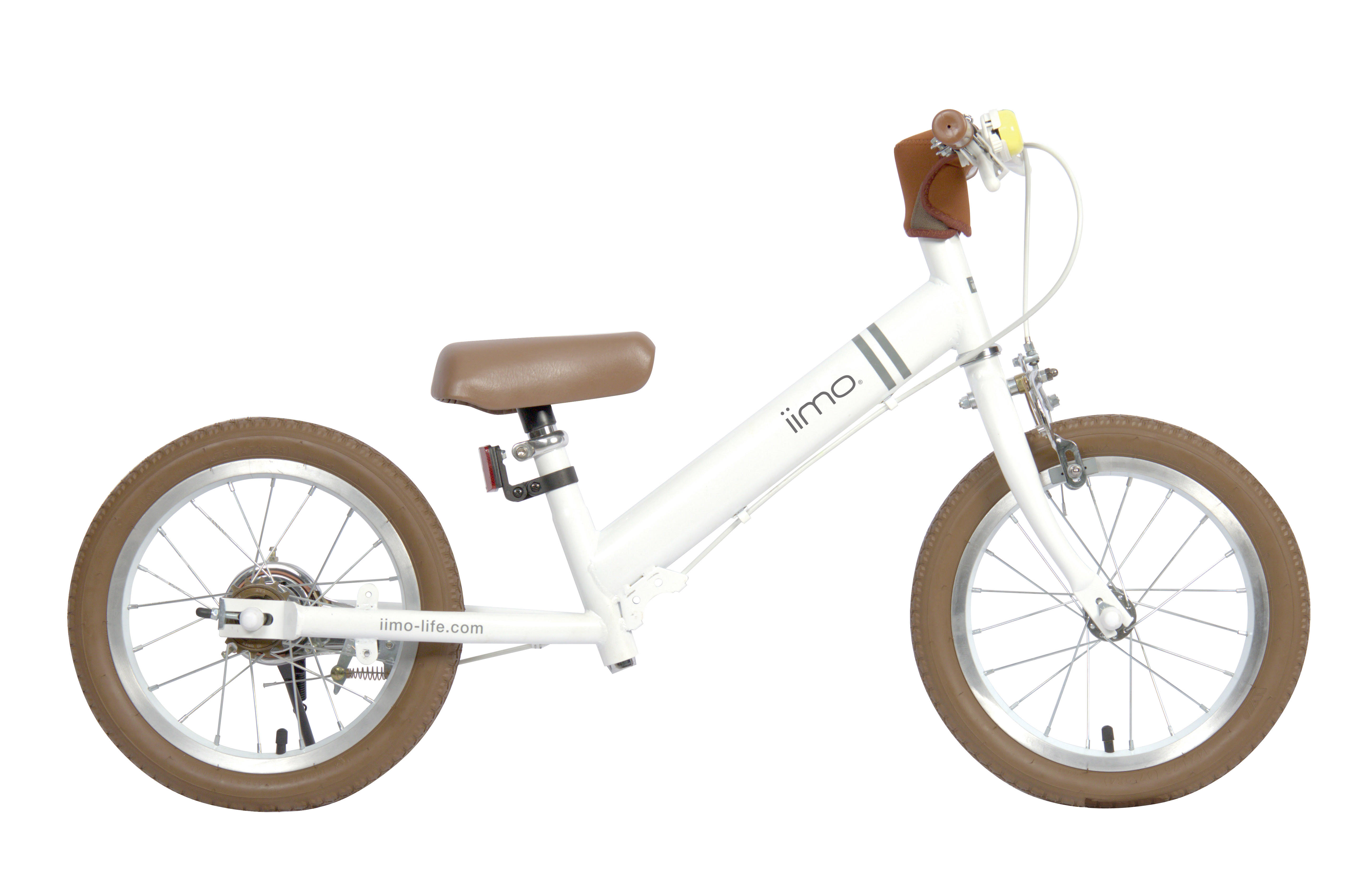 iimo 2-in-1 Balance Bike 14" featuring a lightweight hi-ten steel frame, adjustable seat and handlebars, and inflatable rubber tires for durability.