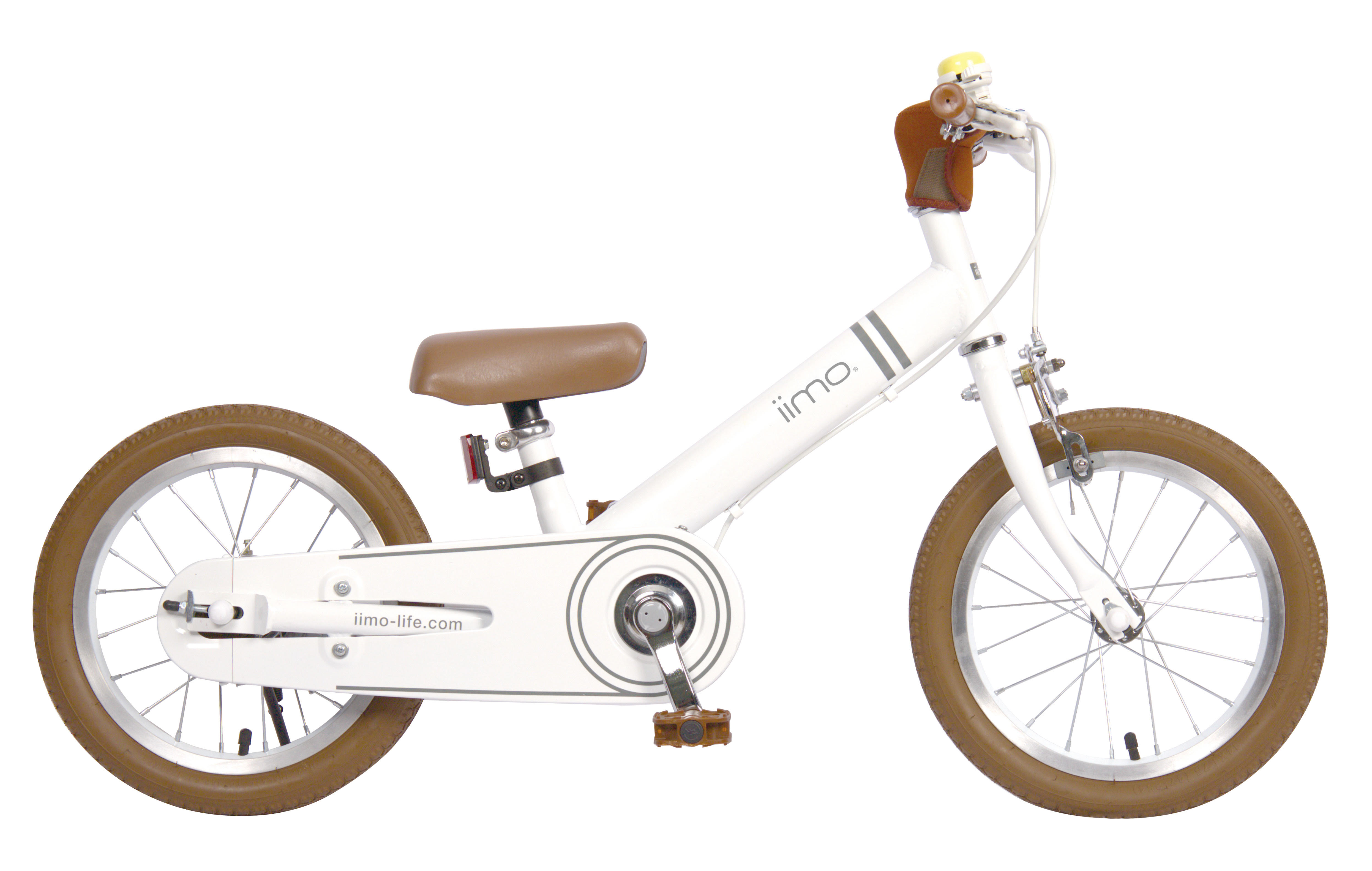 iimo 2-in-1 Balance Bike 14" featuring a lightweight hi-ten steel frame, adjustable seat and handlebars, and inflatable rubber tires for durability.