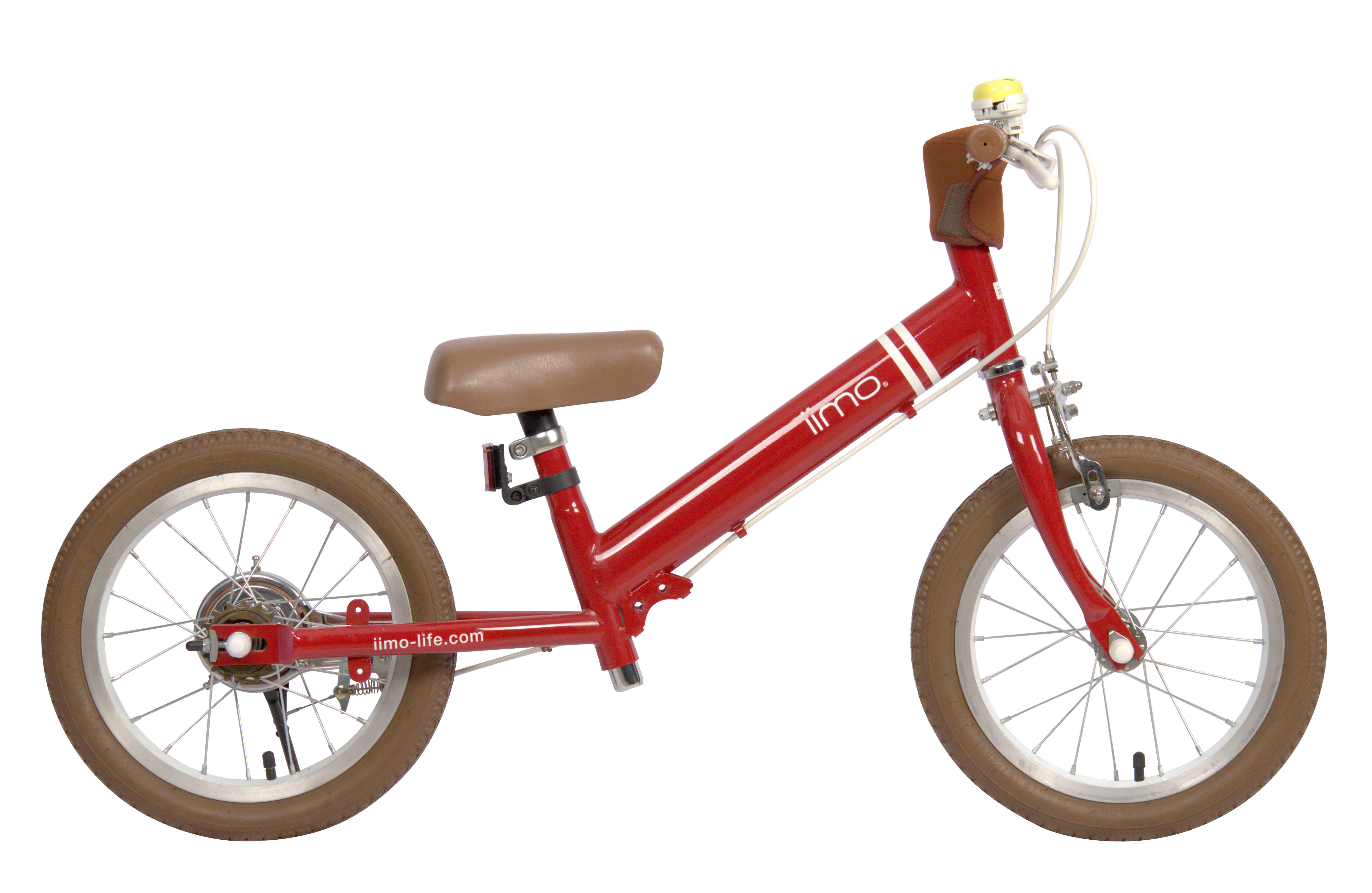 iimo 2-in-1 Balance Bike 14" featuring a lightweight hi-ten steel frame, adjustable seat and handlebars, and inflatable rubber tires for durability.