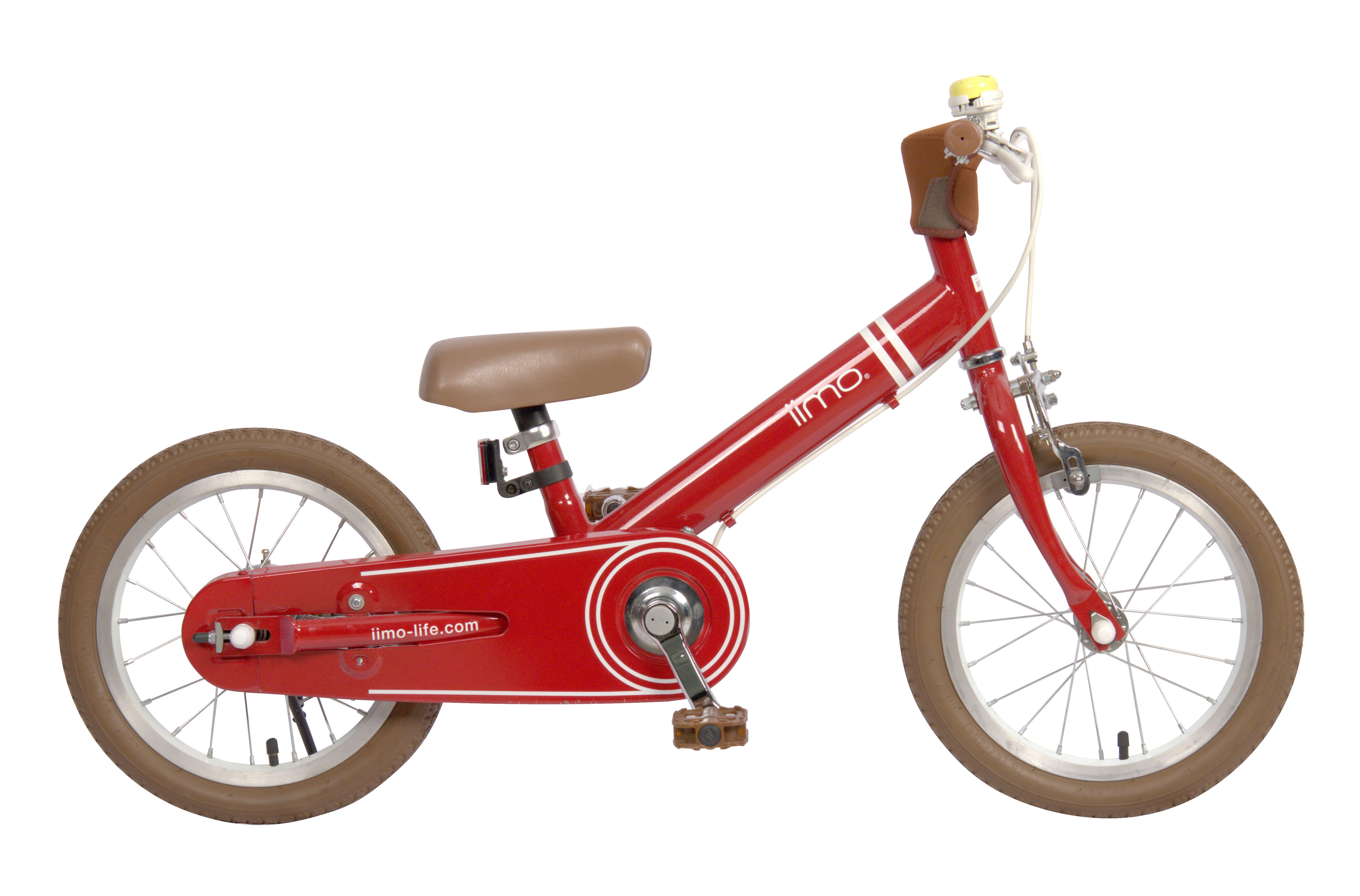 iimo 2-in-1 Balance Bike 14" featuring a lightweight hi-ten steel frame, adjustable seat and handlebars, and inflatable rubber tires for durability.