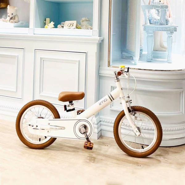 iimo 2-in-1 Balance Bike 14" featuring a lightweight hi-ten steel frame, adjustable seat and handlebars, and inflatable rubber tires for durability.