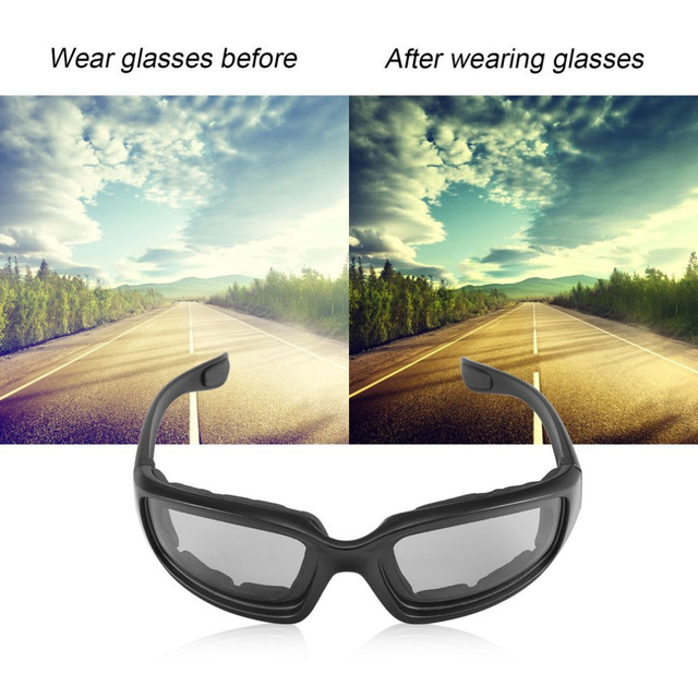 A pair of black motorcycle bike protective glasses with windproof features, showcasing UV400 lenses and a durable acetate frame.