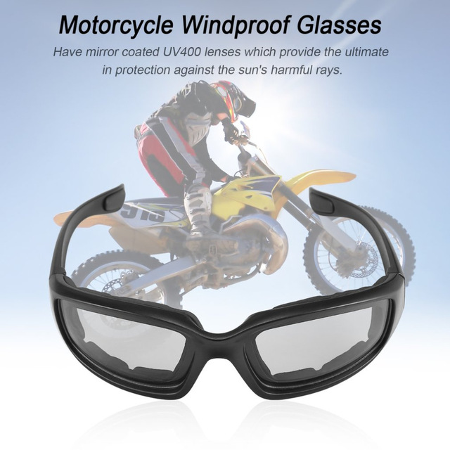 A pair of black motorcycle bike protective glasses with windproof features, showcasing UV400 lenses and a durable acetate frame.