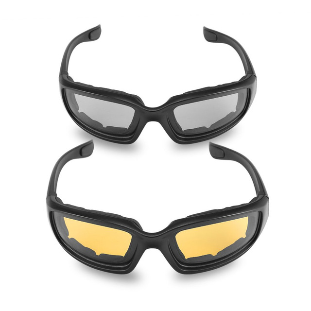 A pair of black motorcycle bike protective glasses with windproof features, showcasing UV400 lenses and a durable acetate frame.