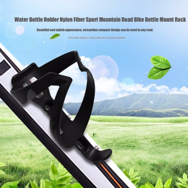 Universal Bicycle Bike Water Bottle Holder in black, made of nylon and fiber, designed for secure bottle placement on bicycles.