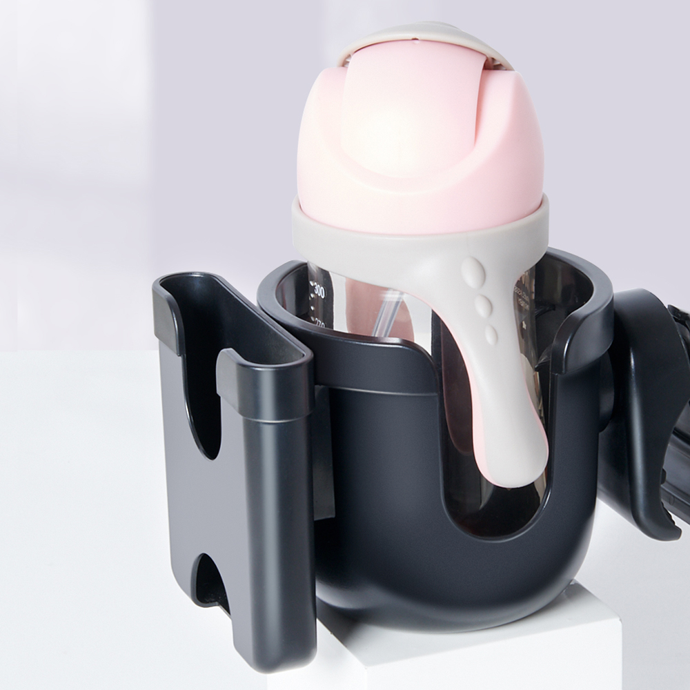 Universal Stroller Cup Holder featuring a 2-in-1 design for holding drinks and phones, made from eco-friendly materials with a flexible clamp.