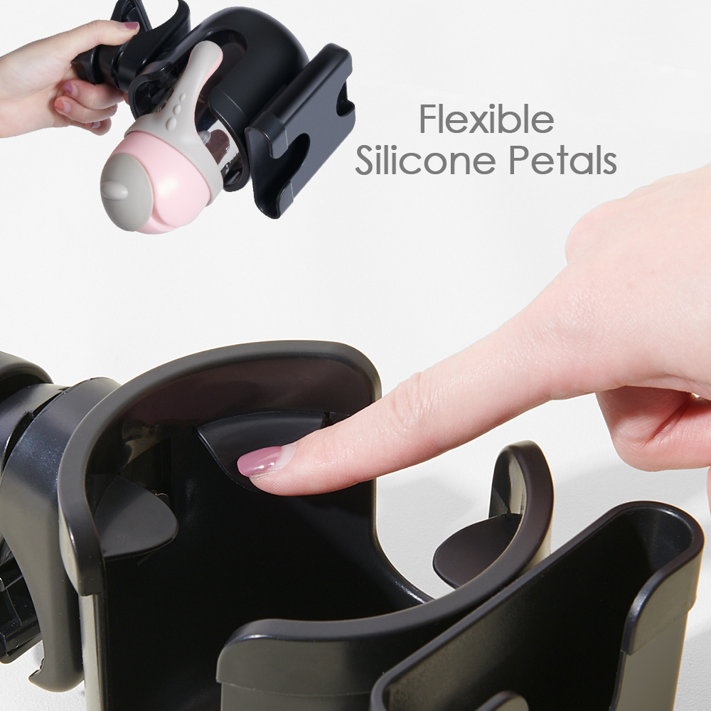 Universal Stroller Cup Holder featuring a 2-in-1 design for holding drinks and phones, made from eco-friendly materials with a flexible clamp.