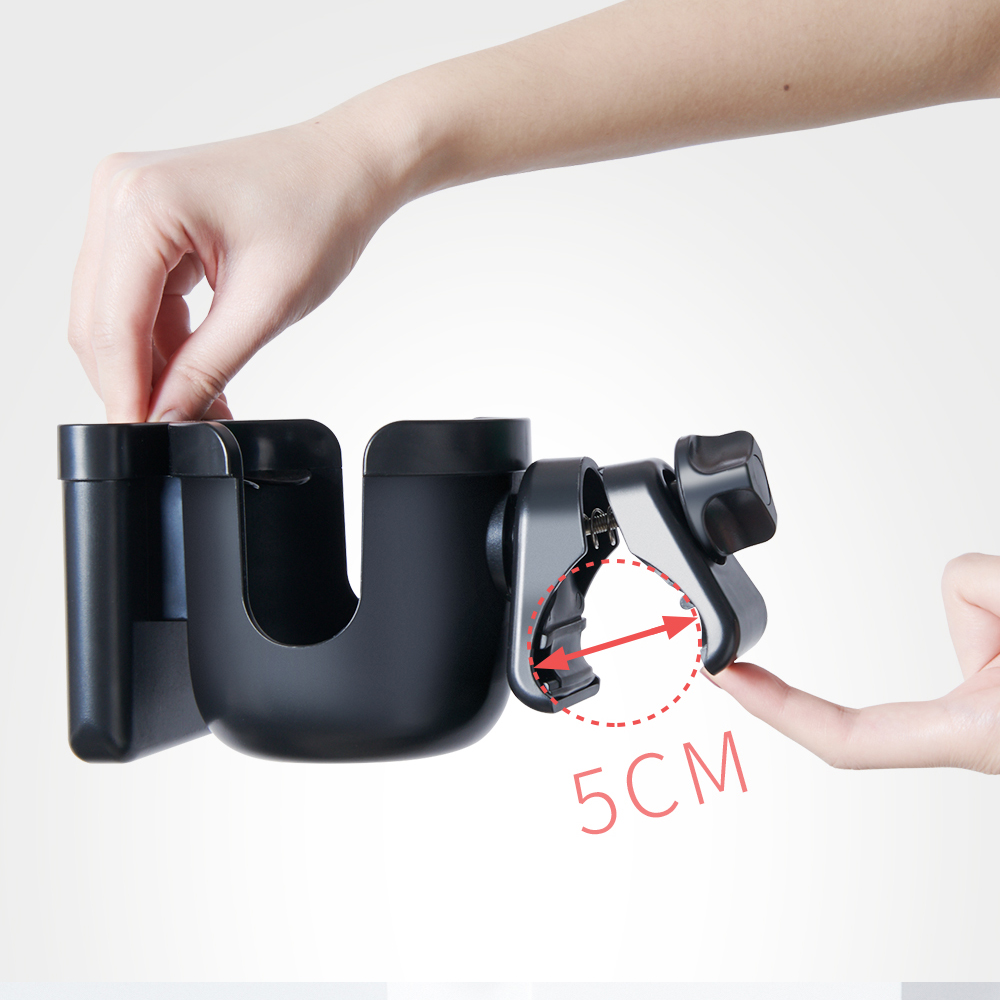 Universal Stroller Cup Holder featuring a 2-in-1 design for holding drinks and phones, made from eco-friendly materials with a flexible clamp.