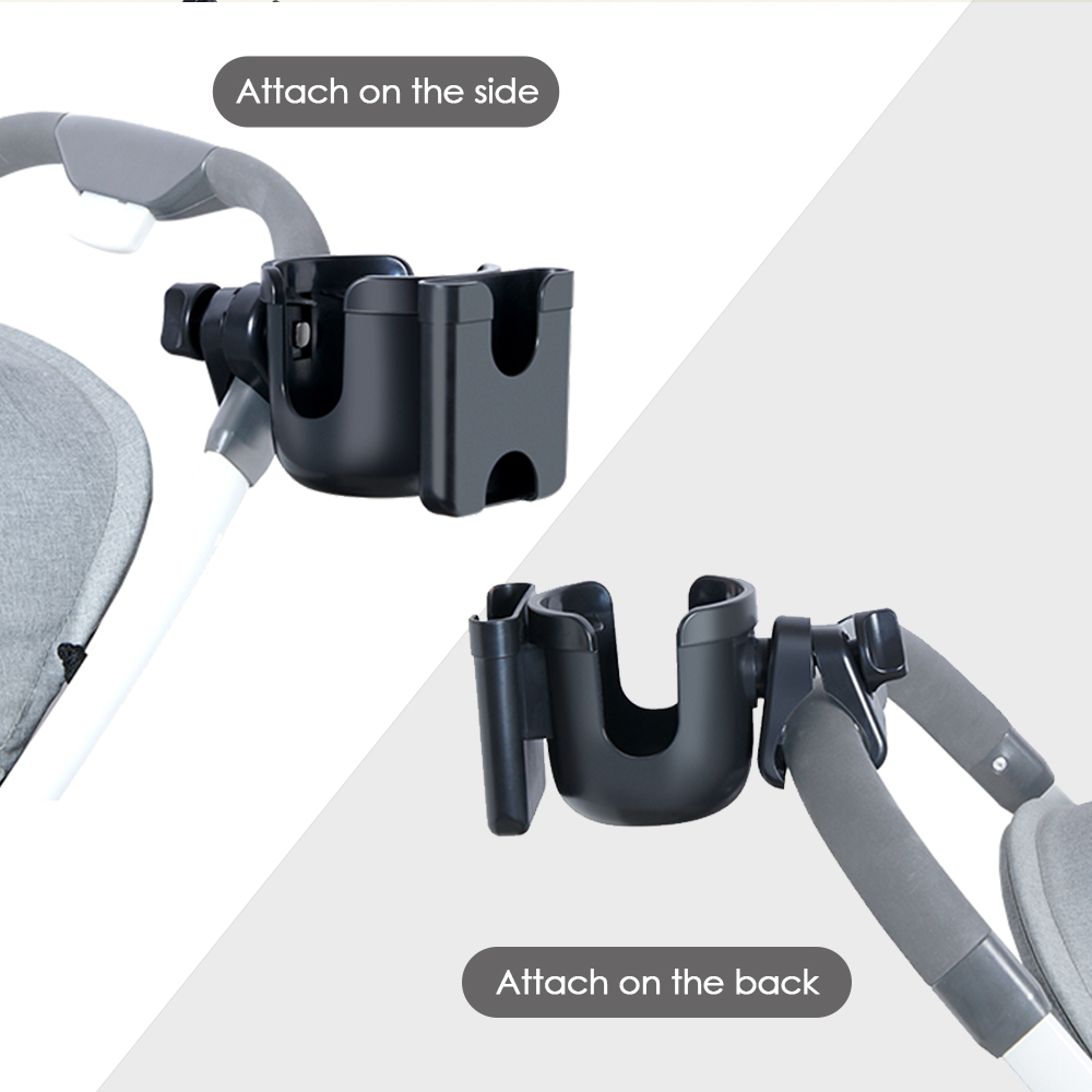 Universal Stroller Cup Holder featuring a 2-in-1 design for holding drinks and phones, made from eco-friendly materials with a flexible clamp.