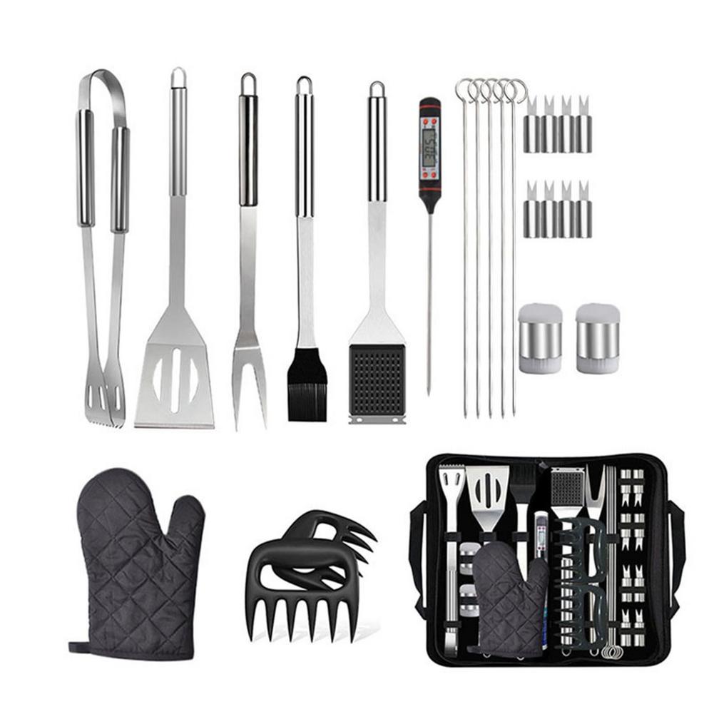 25-piece stainless steel barbecue grilling tools set including various utensils and a storage bag, perfect for outdoor cooking.