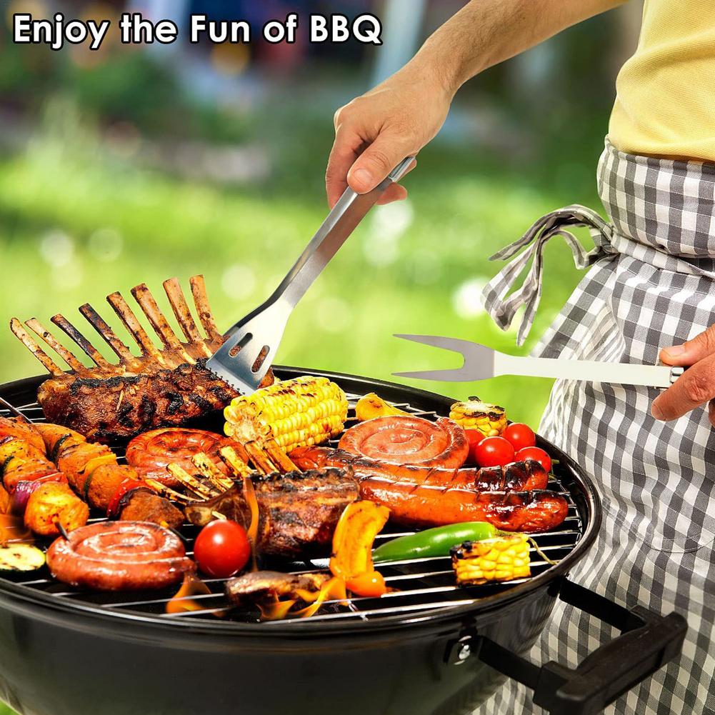 25-piece stainless steel barbecue grilling tools set including various utensils and a storage bag, perfect for outdoor cooking.