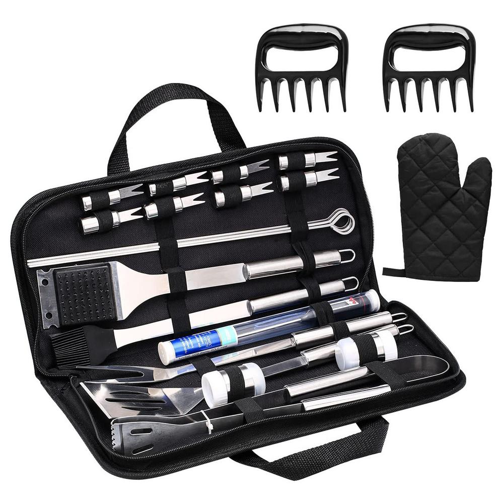 25-piece stainless steel barbecue grilling tools set including various utensils and a storage bag, perfect for outdoor cooking.