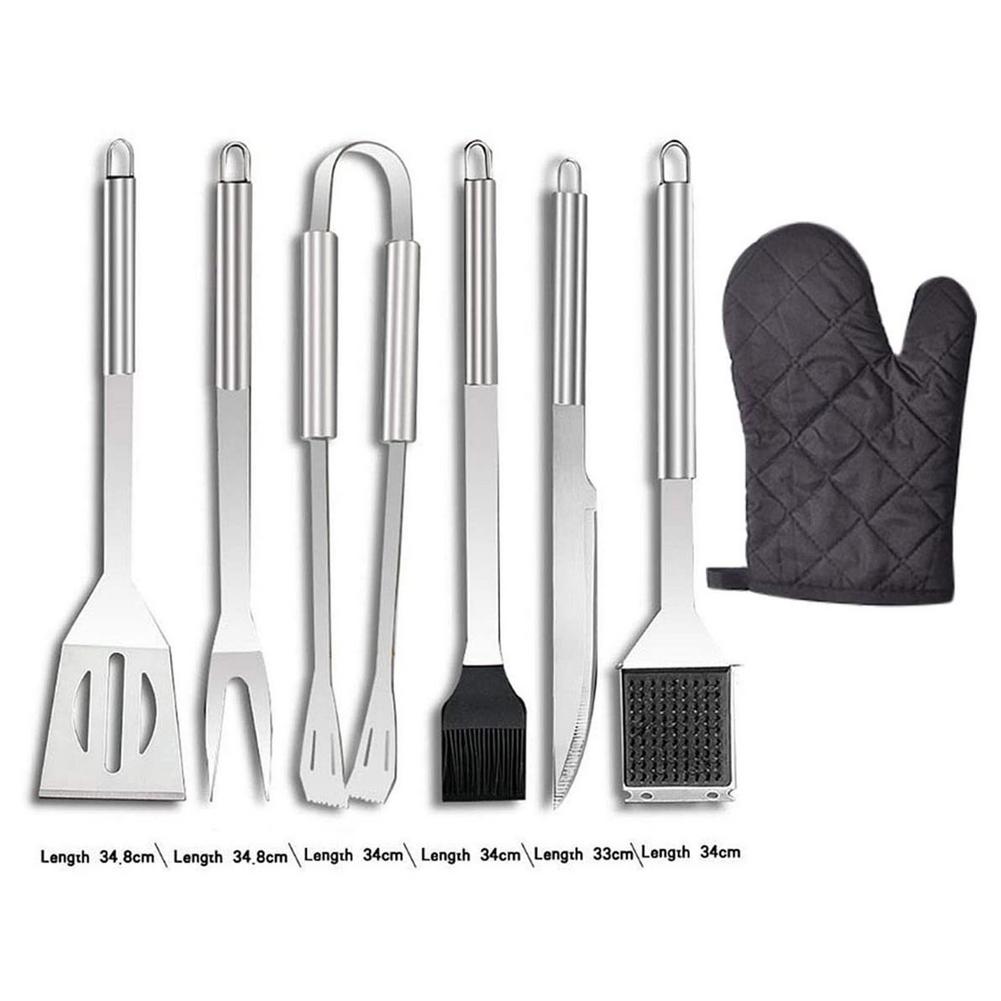 25-piece stainless steel barbecue grilling tools set including various utensils and a storage bag, perfect for outdoor cooking.