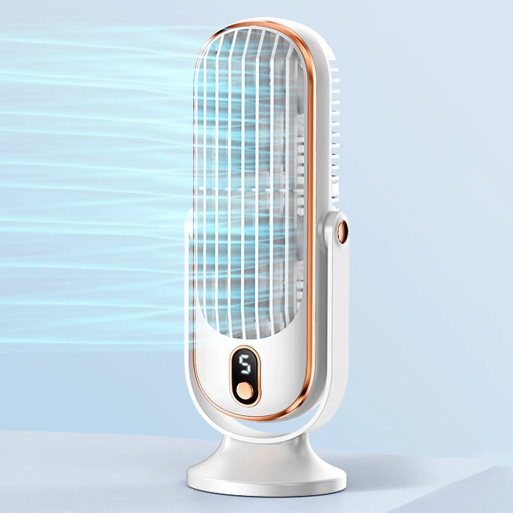 USB rechargeable air cooling fan with 5 speeds and bladeless design, perfect for home and office use.