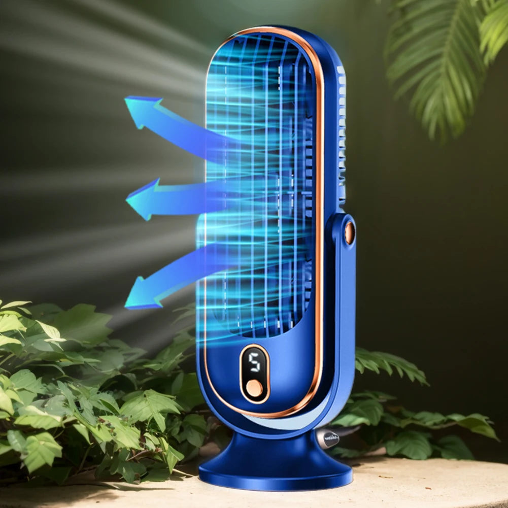 USB rechargeable air cooling fan with 5 speeds and bladeless design, perfect for home and office use.