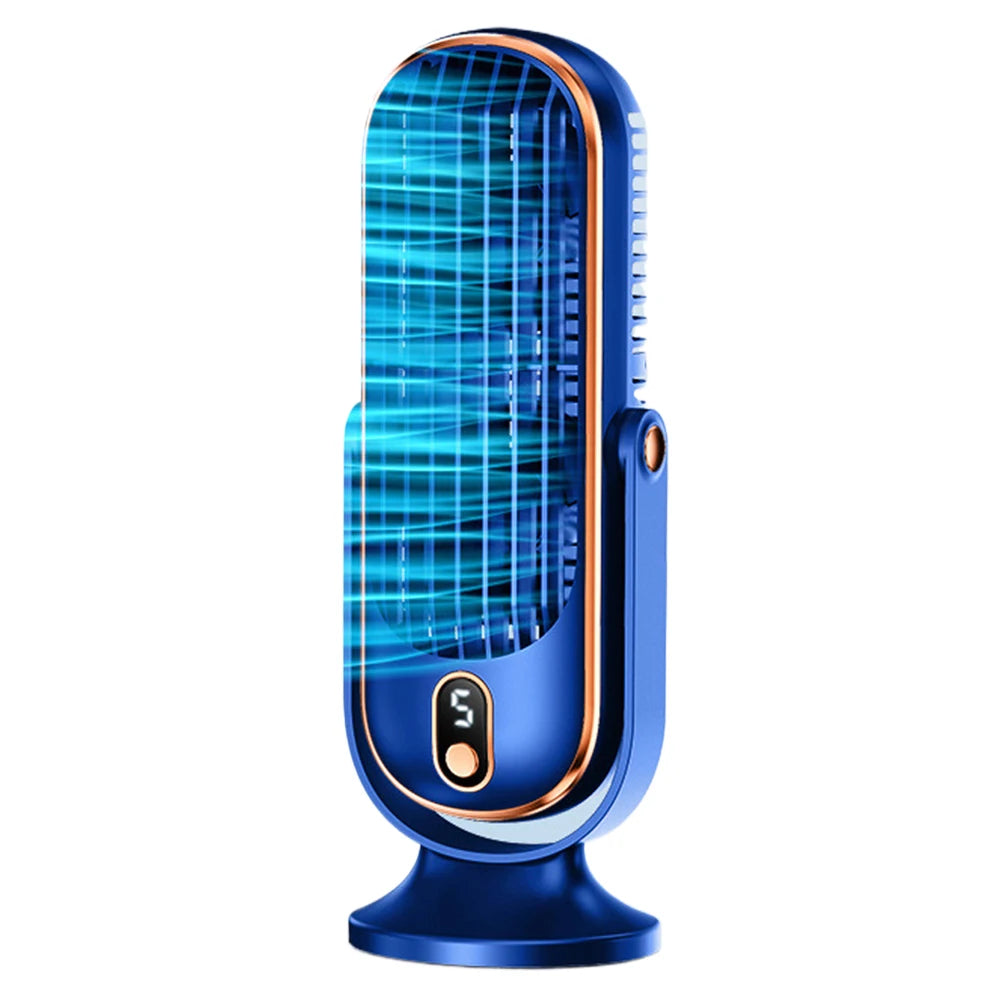 USB rechargeable air cooling fan with 5 speeds and bladeless design, perfect for home and office use.