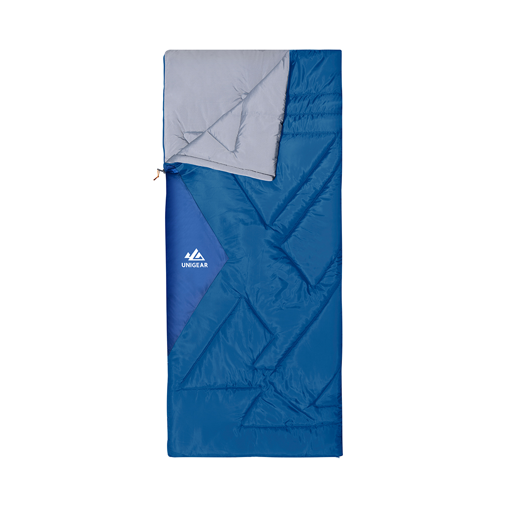 Camfy 50 Sleeping Bag showcasing soft lining, durable outer cover, and eco-friendly materials, perfect for outdoor adventures.