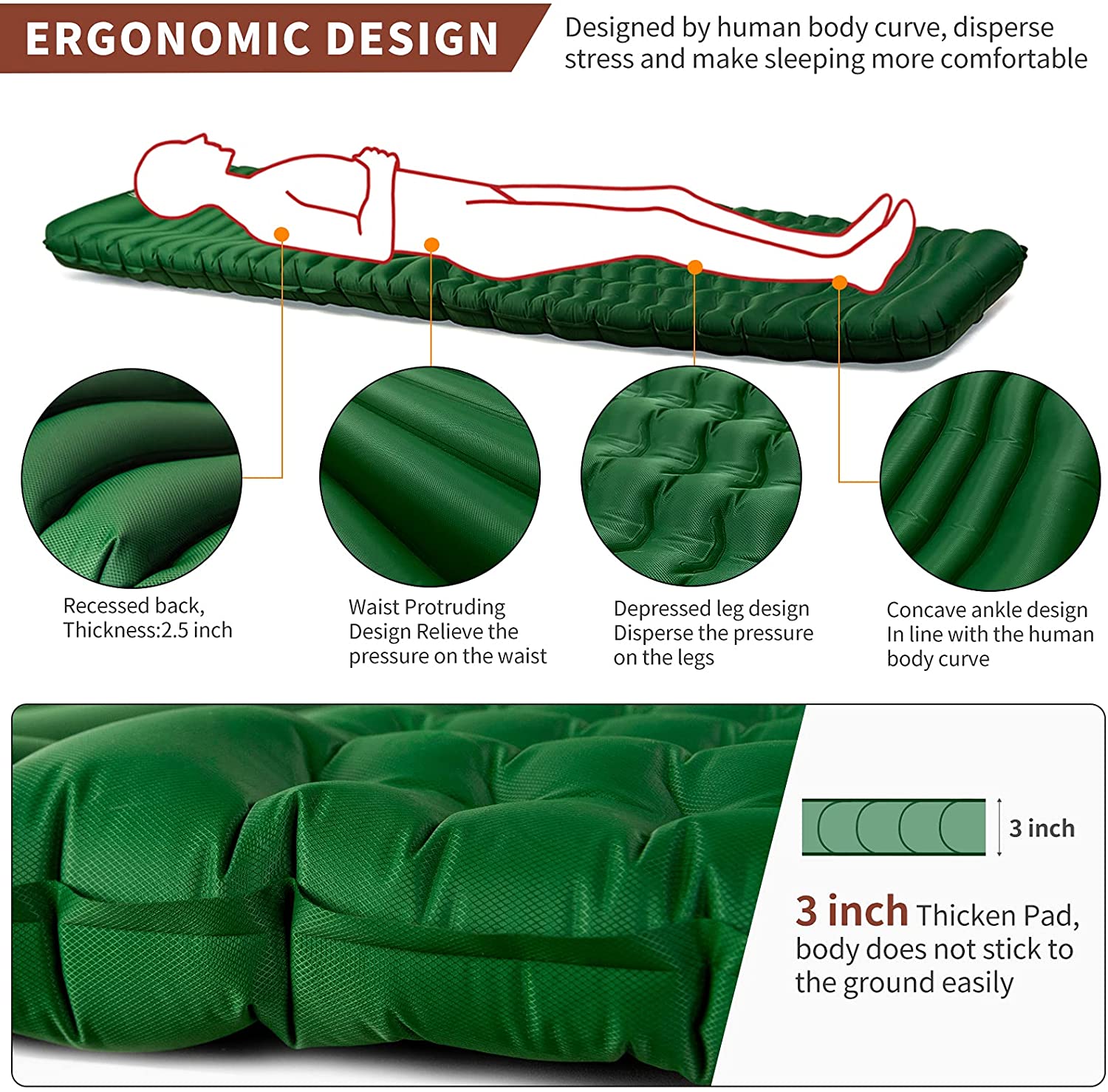 Camfy P3 Air Sleeping Pad showcasing its ergonomic design, durable material, and compact size, ideal for outdoor adventures.