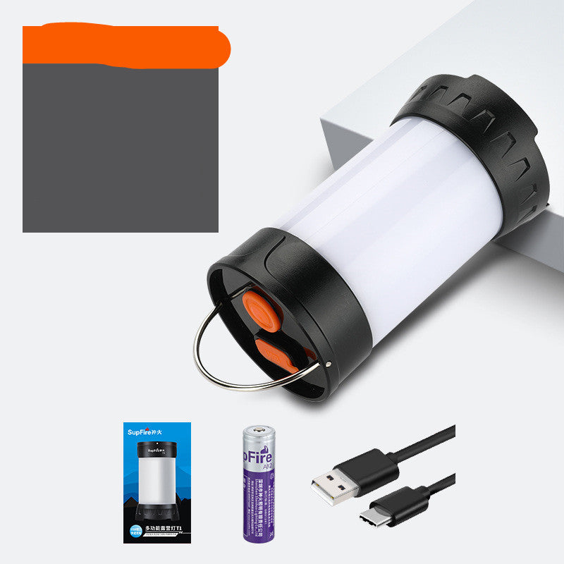 Multi-function LED camping light with USB charging cable and purple battery, ideal for outdoor adventures.