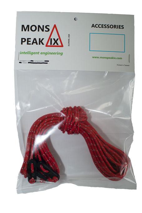 Reflective guy line set featuring four red cords, each 8 ft long, with polymer tensioners, ideal for securing tents in rough weather.