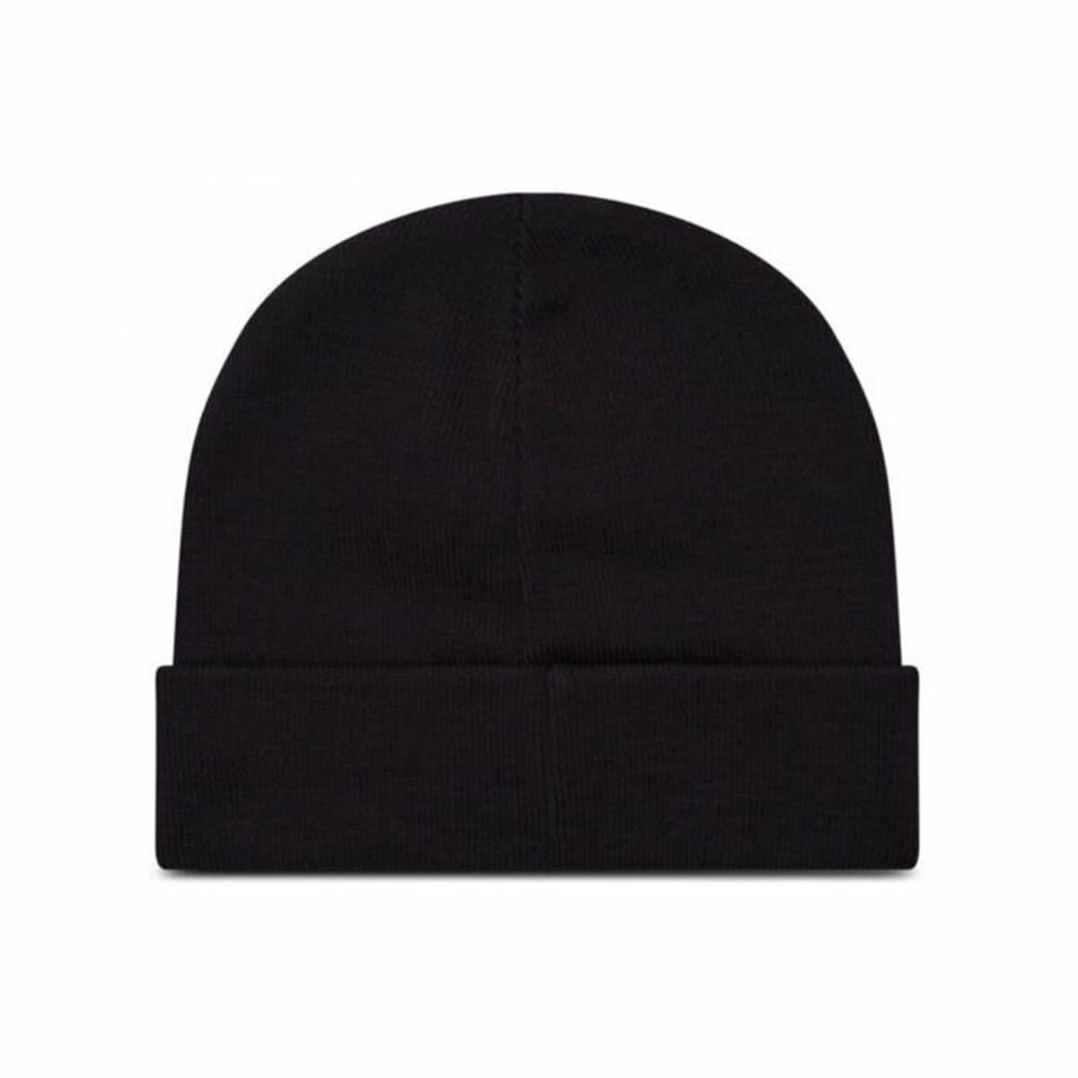 Black beanie with folded brim.