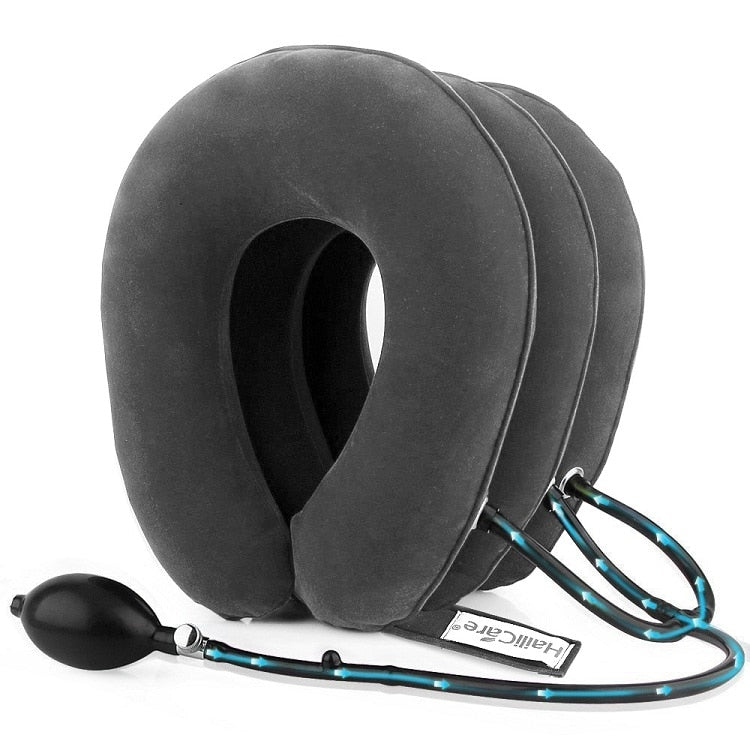 Inflatable Air Cervical Neck Traction Support in blue, designed for neck and spine alignment, featuring adjustable air layers for comfort.