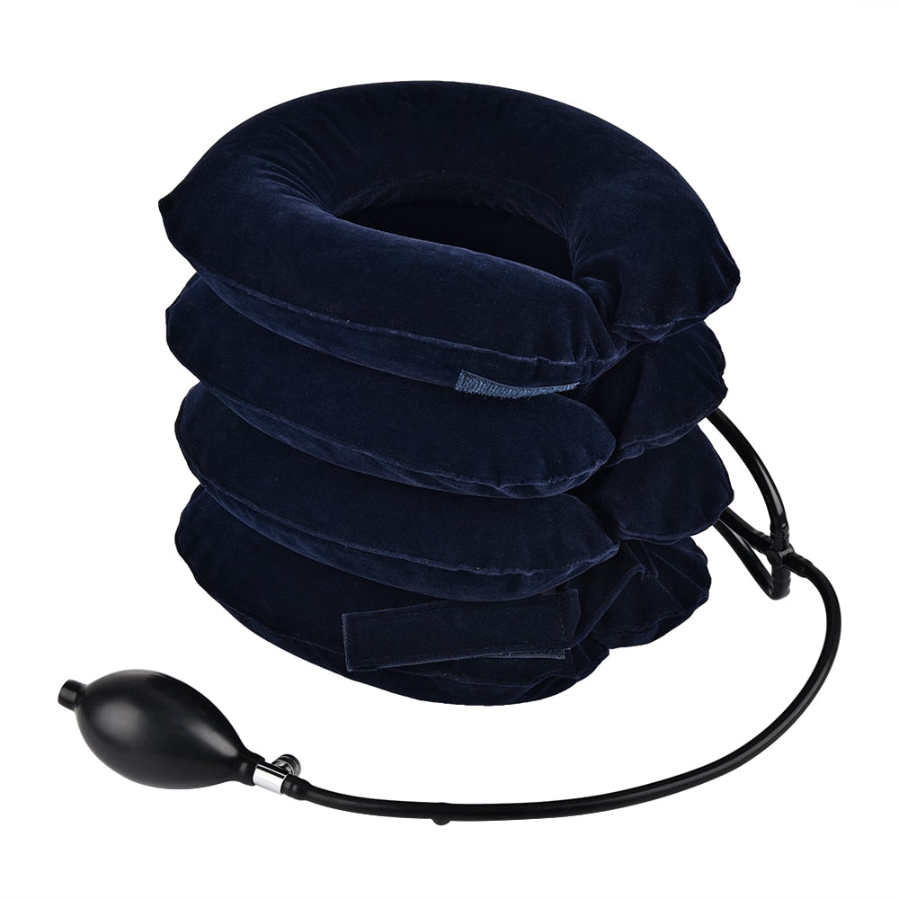 Inflatable Air Cervical Neck Traction Support in blue, designed for neck and spine alignment, featuring adjustable air layers for comfort.