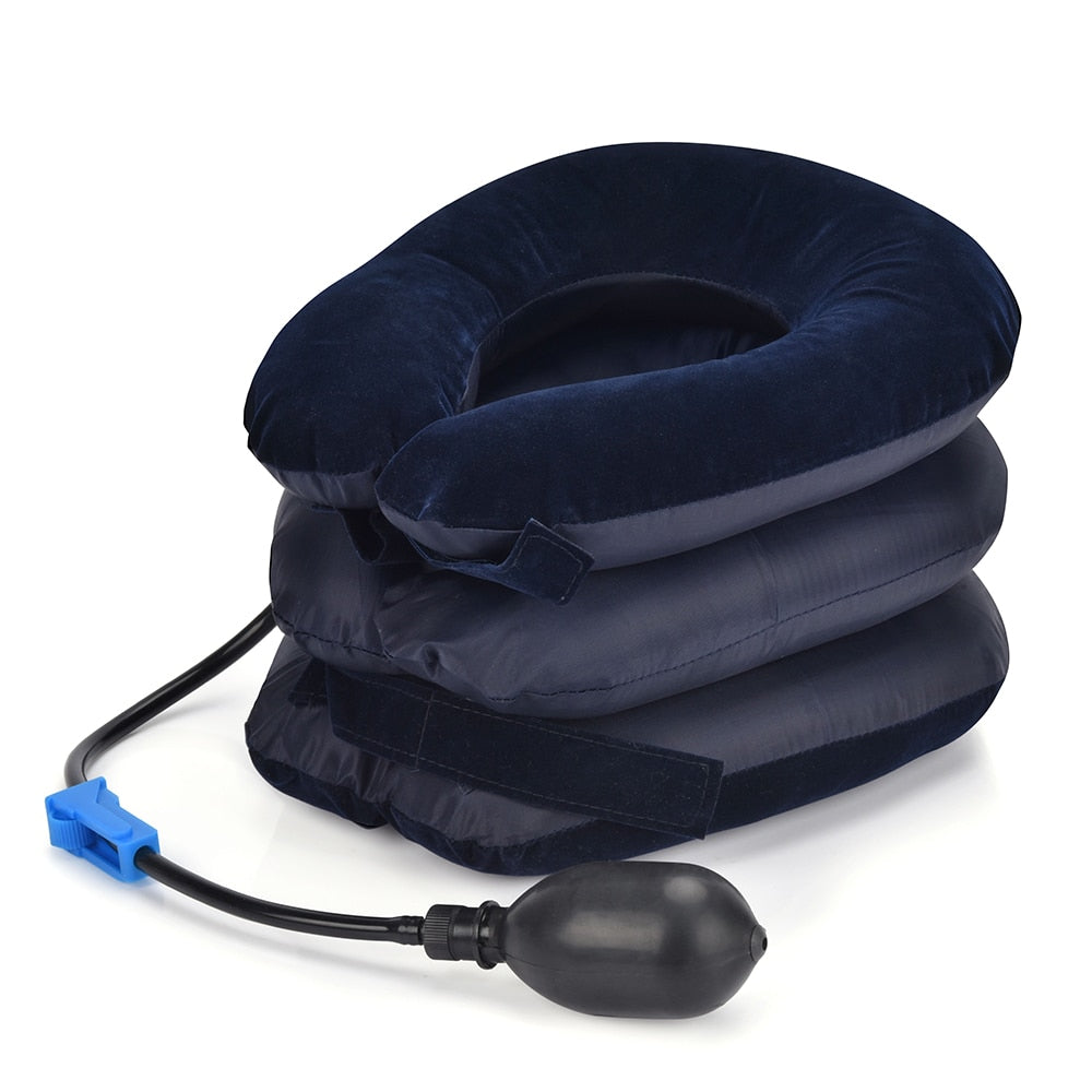 Inflatable Air Cervical Neck Traction Support in blue, designed for neck and spine alignment, featuring adjustable air layers for comfort.