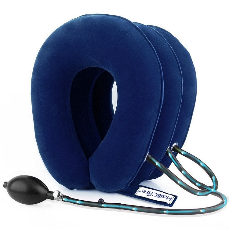 Inflatable Air Cervical Neck Traction Support in blue, designed for neck and spine alignment, featuring adjustable air layers for comfort.