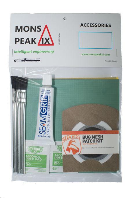 Night Sky Home & Field Repair Kit with various fabric patches, adhesive, and tools for repairing fabric rips and tears.