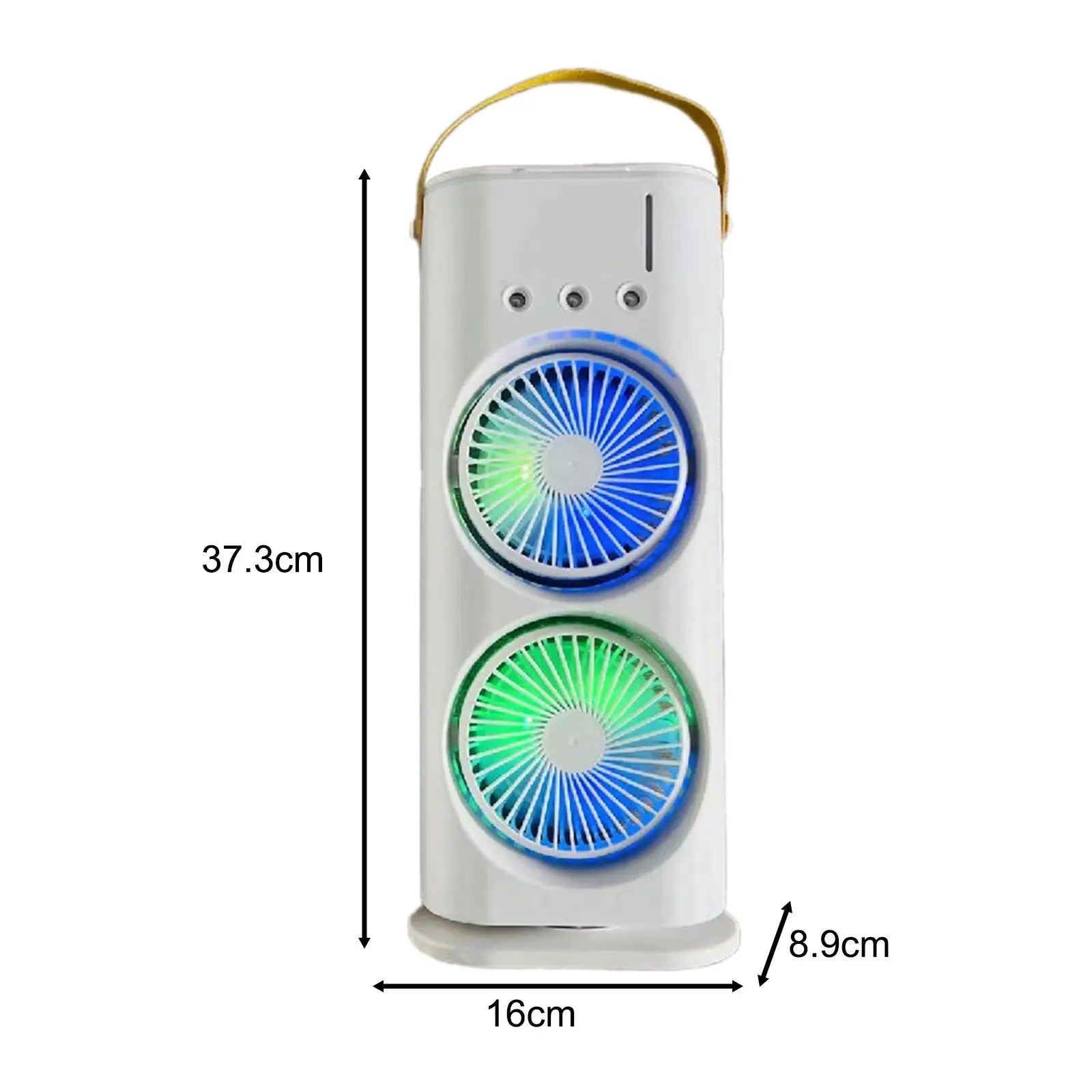 Portable oscillating table fan designed for kids and women, featuring strong wind power, LED light, and compact design for office use.