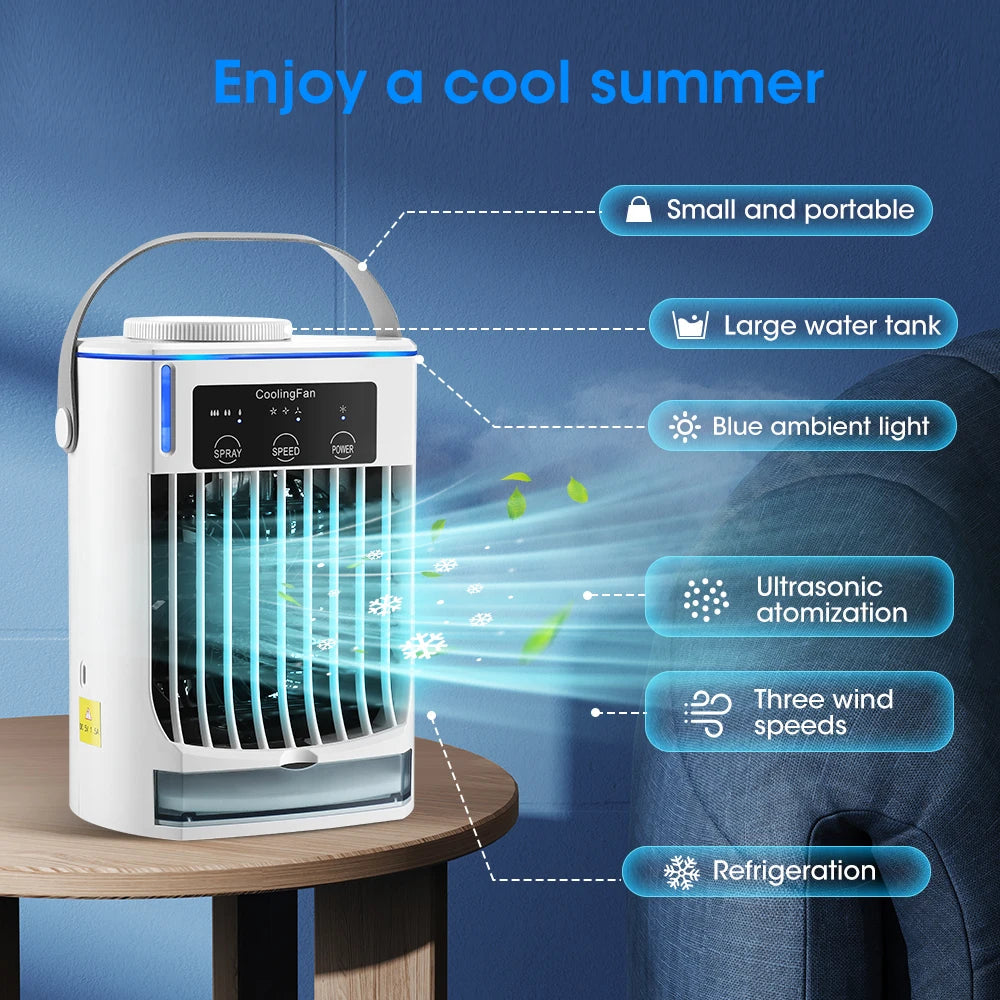 Portable Air Conditioner Mini Fan Cooler with USB charging, featuring a sleek design and adjustable wind speeds.