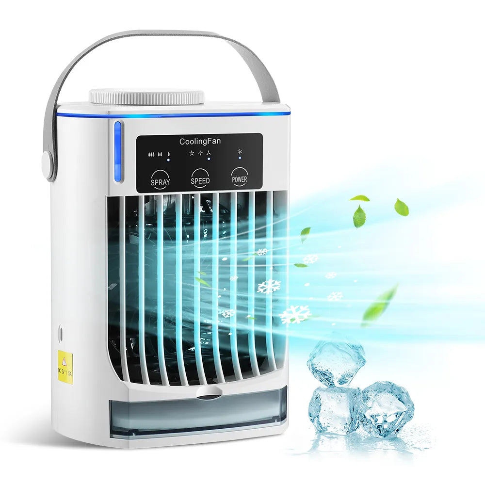 Portable Air Conditioner Mini Fan Cooler with USB charging, featuring a sleek design and adjustable wind speeds.